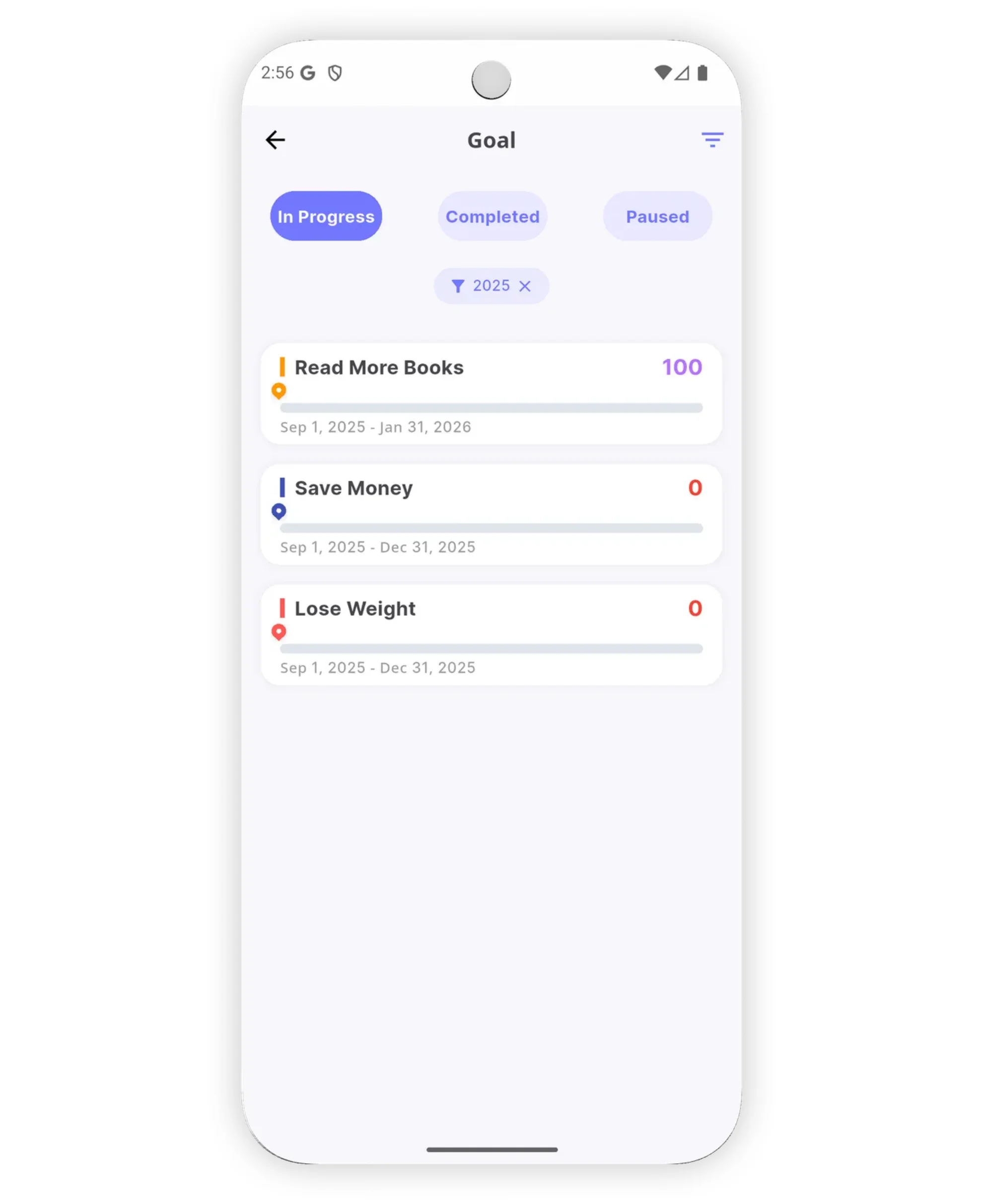 Goals overview screen with visual progress bars and statistics